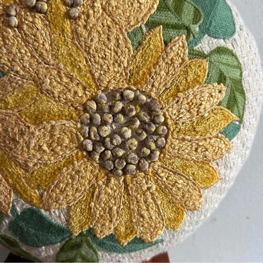 Shabby Chic Farmhouse Sunflower Tweed Round Pillow Boho Cottage Farm